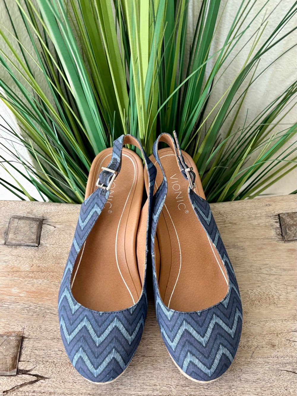 Vionic Blue Chevron Wedge Slingback